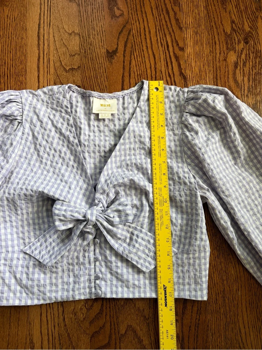 Maeve Anthropologie Cropped Gingham Bow Blouse Lavender Sz 14 Cottage Coastal